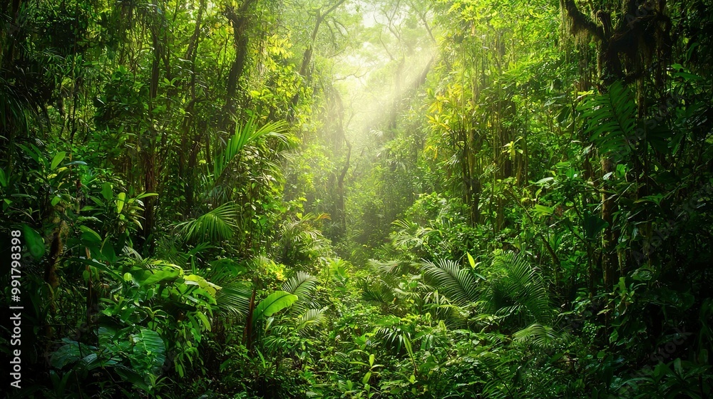 Poster   A verdant forest brims with myriad trees and flora, as golden sunbeams pierce through the treetops' canopy