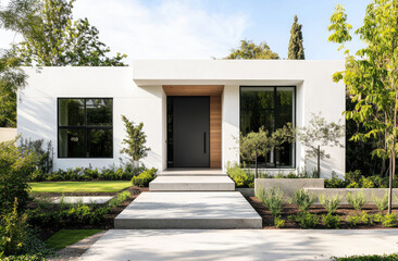A modern house with white walls, black windows, and wooden accents. The front door is made of dark gray aluminum-framed glass, flanked by two square sconces