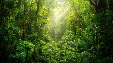 Obraz premium A verdant forest brims with myriad trees and flora, as golden sunbeams pierce through the treetops' canopy