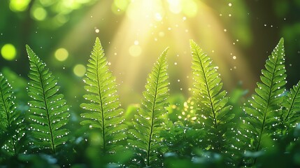   A green plant with water droplets and sunlight filtering through trees