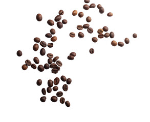 Falling coffee beans isolated on white background with clipping path