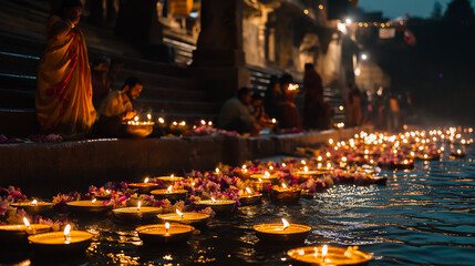 Spiritual Diwali celebration along the ghats of the Ganges River in Varanasi, people lighting floating diyas and performing traditional rituals by the water