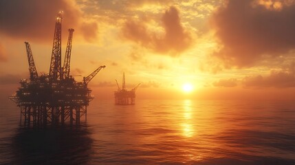 Obraz premium Panoramic view of oil rigs at sunset sea picture