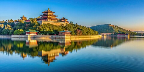 Naklejka premium water, destination, lake, historic, Chinese, Beijing, architecture, blue sky, palace, tourist attraction, travel,summer palace, The Summer Palace in Beijing with blue sky reflected