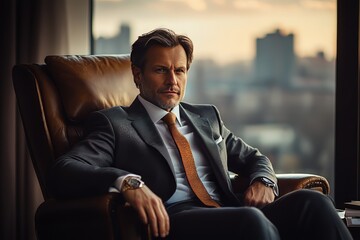 portrait of a successful business man sitting in the office, power, happy, satisfied, relaxed, thinking, future