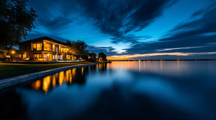 Fototapeta premium A beautiful lakefront property, with a house softly illuminated by interior lights, reflecting gently on the calm water, with the sky providing ample copy space for real estate con