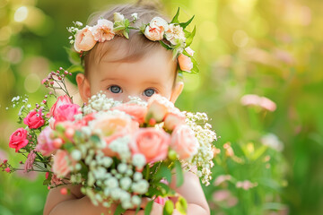 Obraz premium heartwarming image captures a young child holding a bouquet of flowers, mother's day greeting from baby girl