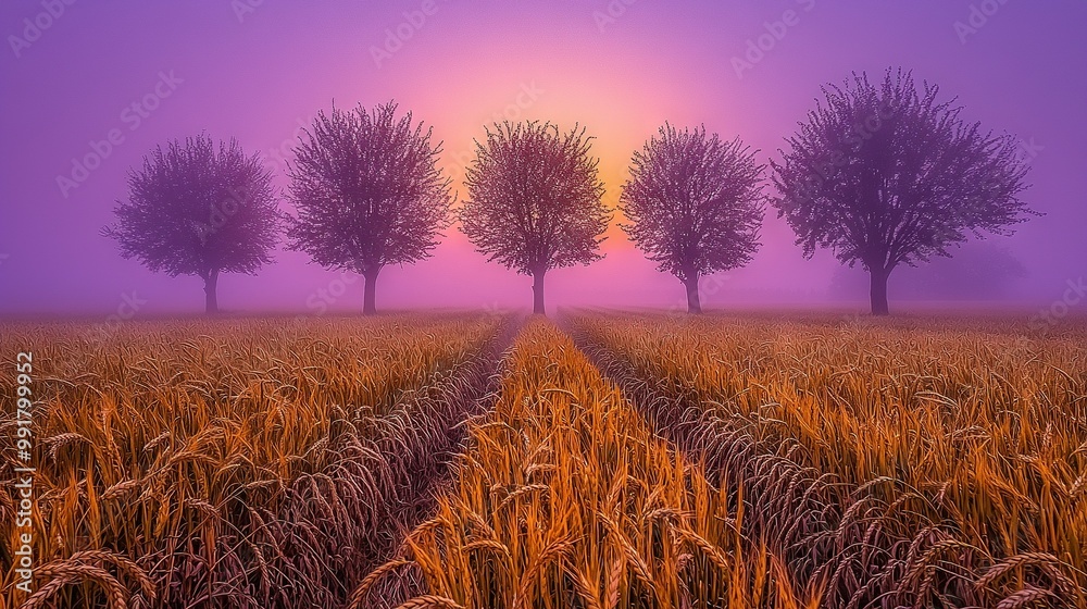 Canvas Prints   A clear field surrounded by three tall trees, with the sun illuminating them from behind