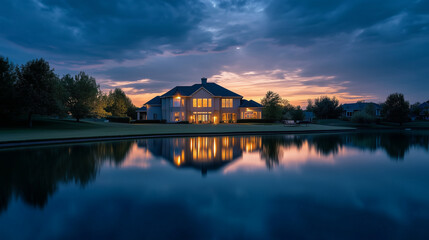 Fototapeta premium A beautiful lakefront property, with a house softly illuminated by interior lights, reflecting gently on the calm water, with the sky providing ample copy space for real estate con