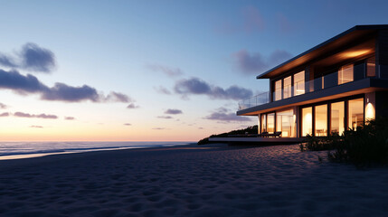 A luxurious beachfront house, softly glowing in the warm sunset light, with an open expanse of beach and ocean in the background, leaving ample room for copy space above.