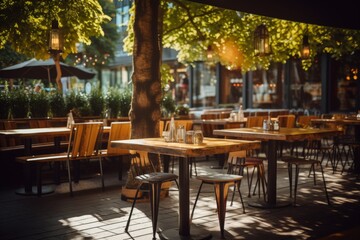 Exterior of a restaurant sitting area with wooden tables and chairs