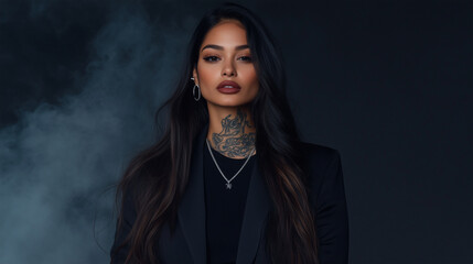 A trendy Hispanic female model with long, flowing hair, wearing a plain black t-shirt and a sleek black blazer, her tattoos and silver jewelry subtly glinting, standing confidently