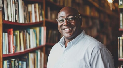 Obraz premium A cheerful man browses through shelves of countless books in a warm library setting