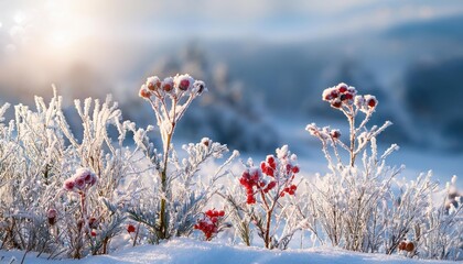 Nature landscape or scene. Winter background with frozen plants, red berries in snow. 
