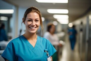 Fototapeta premium Portrait of a young nurse in scrubs at hospital