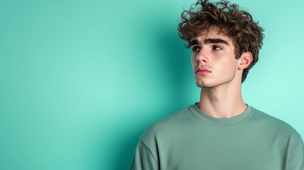 Obraz premium A portrait of a young man leaning slightly forward with a fatigued expression, his eyes heavy, isolated on a smooth pastel background with plenty of negative space for a message.