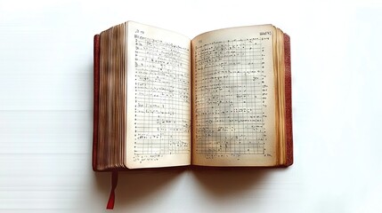 Obraz premium An open book on a white surface with music notation on its pages and a crimson string across its center