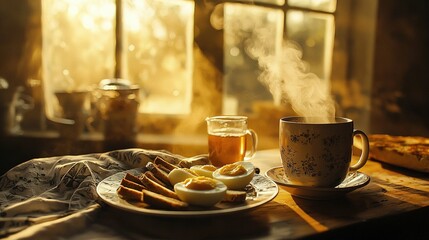   A plate of food sits atop a table beside a cup of tea and another plate of food