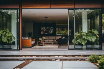 Fototapeta premium Aesthetic home entrance with large glass sliding doors