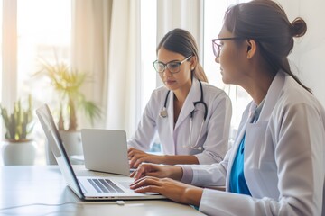 A doctor and a patient having a virtual consultation on a laptop, modern healthcare technology, clean minimalist room, soft natural lighting