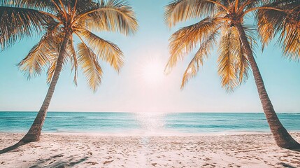 Fototapeta premium Two palm trees sway on a beach as sunlight filters through their leaves, framing a stunning view of the sparkling ocean