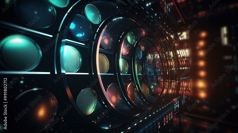 Poster Technology abstract background with hud styled round interface elements in neon tech light.
