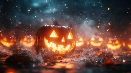  A luminous Jack-o'-lantern atop a cluster of glowing pumpkins amidst a hazy evening