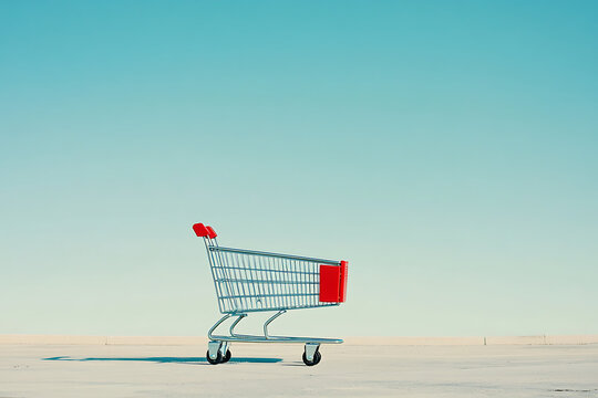Empty Shopping Cart: A lone, empty shopping cart against a minimalist backdrop, symbolizing resisting consumerism and overconsumption.