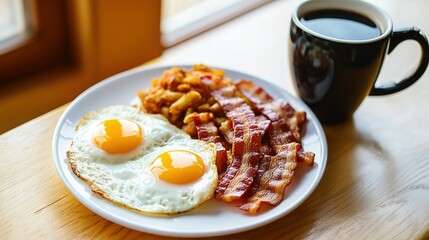  A platter of bacon, eggs, and hash browns on a table with a mug of coffee nearby