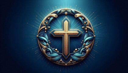 illustration with blue cross on blue background and place for text with generative AI creation