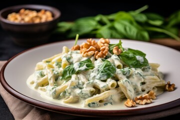 Close up of a healthy whole wheat pasta with gorgonzola served on plate