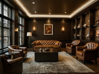 Fototapeta premium Sophisticated cigar lounge with leather seating and fine cigars.