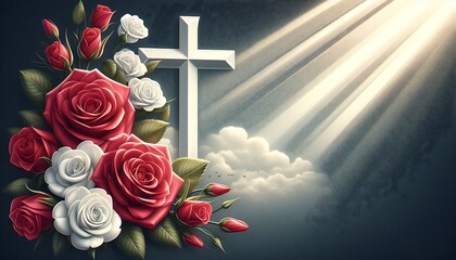 card with christian cross with roses and place for text with generative AI creation