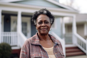 Portrait of a senior African American woman in front of suburban home