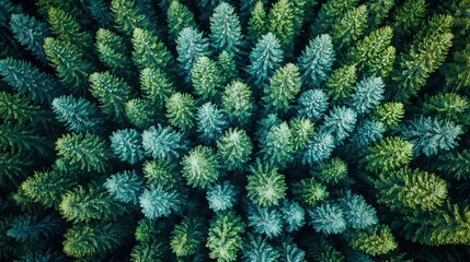   A bird's-eye view of a grove of tall trees with lush green foliage crowning their tops