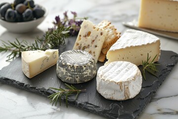 A selection of gourmet cheeses arranged on a slate board with rosemary sprigs.
