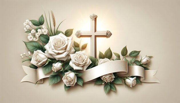 card with christian cross with roses and place for text with generative AI creation