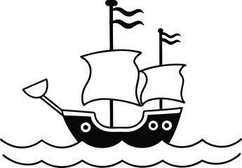 Pirate Ship Sailing on the Ocean with a Jolly Roger Vector Illustration for Kids Fun
