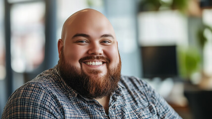 Obraz premium Bald plus size male office worker smiling; office environment; inclusive & diverse friendly workplace. Acceptance of diversity, body inclusive theme. Diversity themes poster concerning baldness, beaut