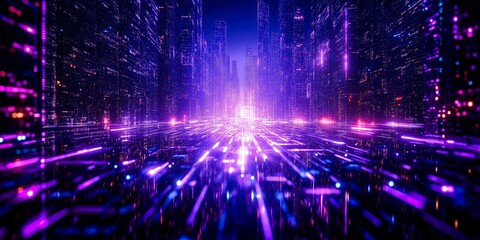 Fototapeta premium A futuristic cityscape with glowing neon lights and digital data streams illuminates the night sky.