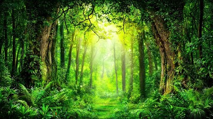 Naklejka premium A verdant forest path, enveloped by towering trees on either side, boasts an array of vibrant greenery