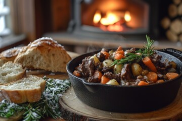 Hearty Winter Beef Stew with Root Vegetables in a Rustic Setting