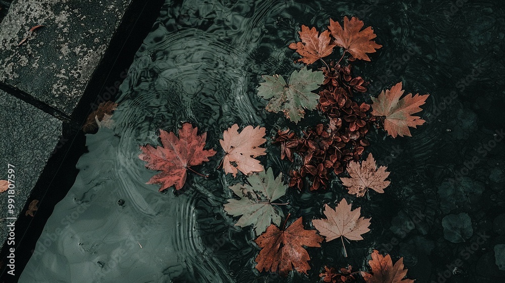 Sticker   Leaves float on water next to a stop sign