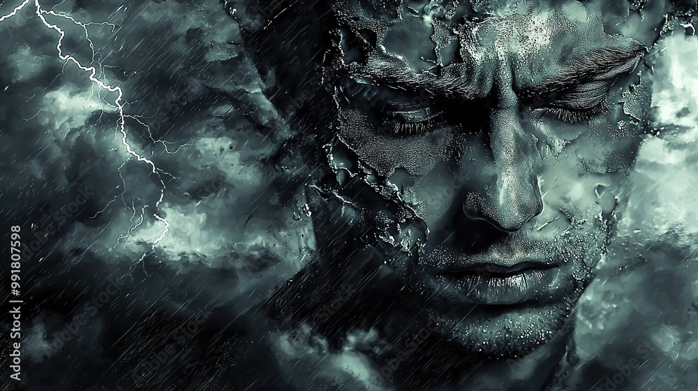 Wall mural a digital painting of a man's face amidst a tempest with lightning as the backdrop