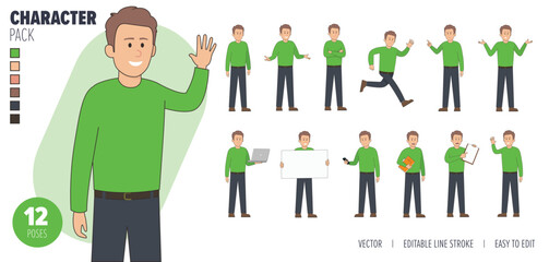 2D Illustrated male vector character set. Easy to edit and isolated on a white background. Modern trendy style character mega pack with lots of poses.