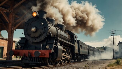 Steam locomotive departing from a vintage station, releasing smoke.