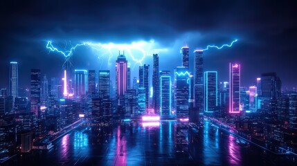 Obraz premium A stunning cityscape featuring financial towers illuminated by neon lights during a dramatic lightning storm, showcasing a futuristic urban landscape.