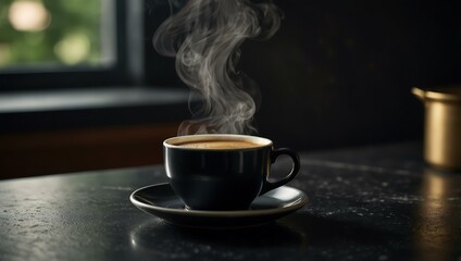 Steaming cup of coffee on a dark countertop.