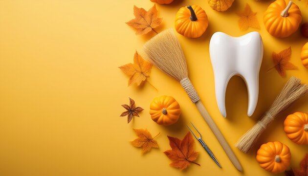  On a yellow background, a tooth figurine and dental tools are depicted with pumpkins 