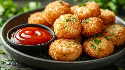 Crispy fried cheese balls with ketchup on a plate.